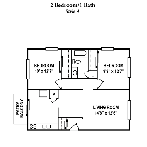 Floor plan for 2 beds, 1 bath, 1000 sqft
